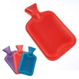 A rubber hot water bag in red, blue, and purple, featuring a textured surface and a moulded top. Includes branding.