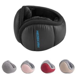 A foldable down ear warmer in black, featuring a soft interior, with additional options in grey, pink, and red.