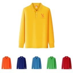 A long sleeve polo shirt in vibrant yellow, with a logo, displayed alongside options in orange, navy, blue, green, and red.