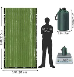 A portable emergency sleeping bag in green, alongside a compact dry bag and a measuring scale with dimensions.