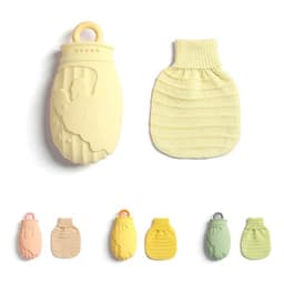 A cute silicone hot water bottle in pastel colours with a knitted sleeve, featuring a logo on the bottle.