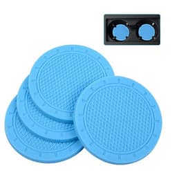 Four blue PVC car coasters arranged next to a black holder, featuring a textured surface.
