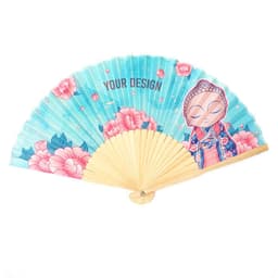 A bamboo folding fan featuring a vibrant design with flowers and a serene figure, predominantly in blue and pink tones.