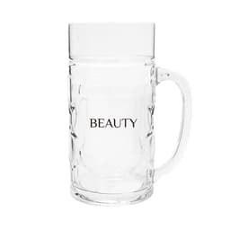 A clear 18 oz. PC plastic beer mug with a sturdy handle, featuring a logo on the front.
