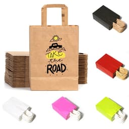 A kraft paper gift bag in brown with a logo, surrounded by smaller bags in black, red, white, pink, and green.