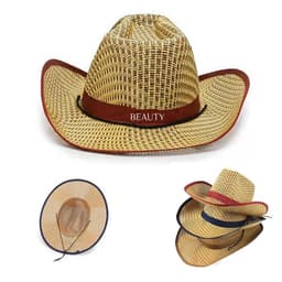 A straw cowboy hat in natural tones, featuring a red band, with additional hats stacked nearby.