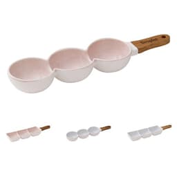 A pink and white handheld snack serving bowl with three compartments and a wooden handle. It features a branding logo.