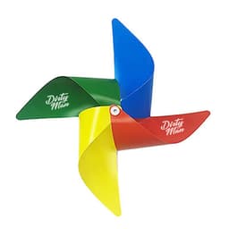 A colourful plastic windmill featuring blue, green, red, and yellow blades, with a logo on one side.