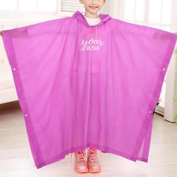 A children’s rain poncho in bright pink, featuring a hood and a logo, designed with snap closures on the sides.