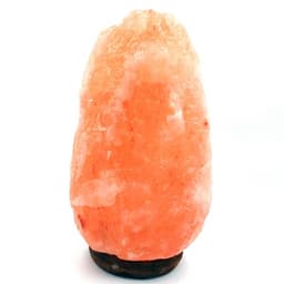 A pink Himalayan salt lamp with a wooden base, featuring a natural and organic shape.