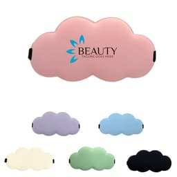 A cloud-shaped eye mask in pink, featuring a logo, accompanied by other colour options: lavender, blue, cream, green, and black.