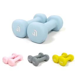 A pair of light blue 1kg dumbbell hand weights, with additional weights in pink, grey, and yellow displayed below.