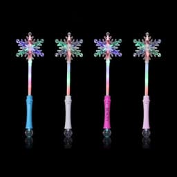 Colourful LED light-up snowflake wands in blue, pink, and white, featuring a snowflake design at the top.