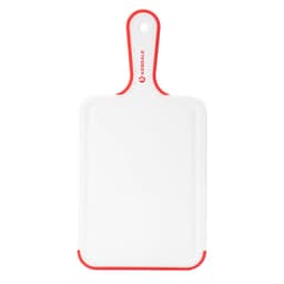 A white non-slip plastic cutting board with a red trim and handle, featuring a logo at the top.
