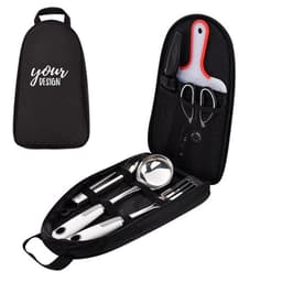 A black camping cooking utensils set featuring a spatula, knife, spoon, fork, and can opener in a zippered case.