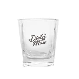 A clear, square whiskey glass with a logo printed on the front.