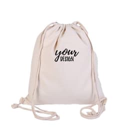 A beige cotton canvas drawstring backpack with a decorative design and matching drawstrings.