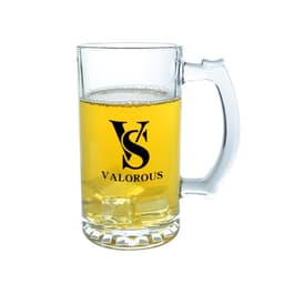 A clear 16 oz. glass beer mug filled with golden beer and ice, featuring a logo on the front.