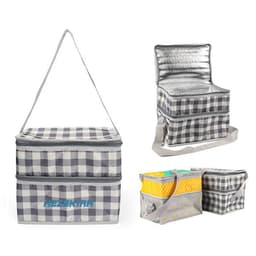A grey and white checked thermal insulated lunch bag with dual compartments, featuring a shoulder strap and reflective interior.