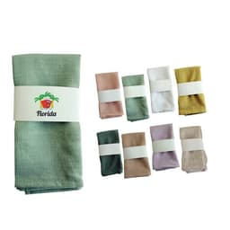 A green linen cotton tea towel with matching pastel-coloured folded towels, featuring a logo.