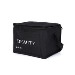 A black insulated cooler bag with a zip closure, featuring a handle and a logo on the front.