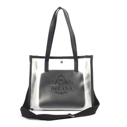 A clear bag with black trim and handles, featuring a black inner pouch and a logo.