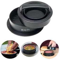 A round black burger patty maker with a textured press and removable base, featuring a branding logo.