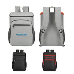 A grey insulated backpack with a front pocket and adjustable straps, alongside a black version with red accents and a pocket.