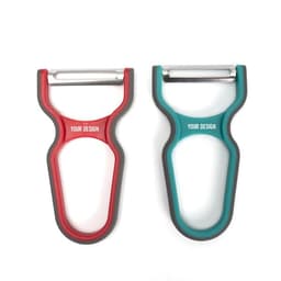 A plastic peeler with ergonomic handles, featuring red and teal colours, and a logo area for custom design.