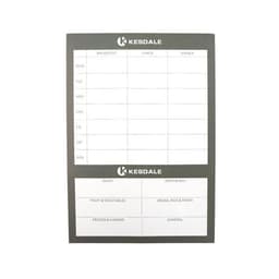 A weekly meal planner in grey with sections for breakfast, lunch, dinner, and grocery categories, featuring a logo.