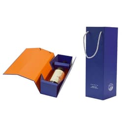 A foldable wine gift box in blue and orange, featuring an interior compartment for a bottle and a rope handle.