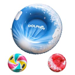 A blue PVC inflatable snow tube with a swirling design, featuring two additional colourful novelty tubes.