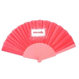 A pink plastic folding handheld fan featuring a logo. The fan is open, displaying its pleated design.