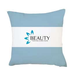 A blue and white pillowcase featuring a logo and a space for a tagline.