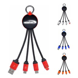 A keychain luminous data cable in red, featuring multiple connector types and a circular black logo badge.