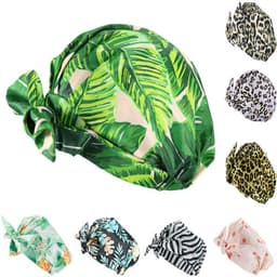 A collection of waterproof summer swimming caps featuring various tropical and animal print designs in vibrant colours.