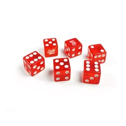 Red six-sided dice with white dots, featuring a logo on one die. Includes a total of six dice.
