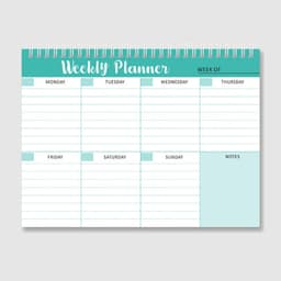 A weekly planner pad in teal and white, featuring spaces for each day and a notes section. It has a spiral binding.