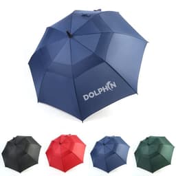 A double layer golf umbrella in navy, with options in black, red, and green. It features a logo.