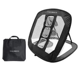 A portable pop-up golf chipping net in black, with a carrying bag. It features three targets for practice.