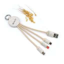 A wheat straw charging cable in beige with a keychain, featuring three different connections and a small logo.