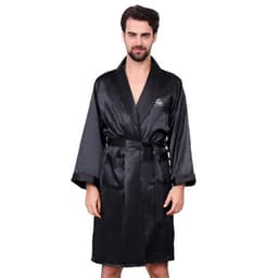 A men's black silk pajama robe featuring a belt, two pockets, and a logo on the chest.