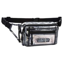 A clear multi-purpose fanny pack in silver with multiple zippered compartments and an adjustable black strap.