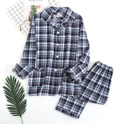 A navy and white checked flannel pajama set for men, featuring a button-up top and elastic waist pants.