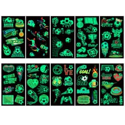 A variety of glowing temporary tattoo stickers featuring soccer themes, in green and white designs on a dark background.