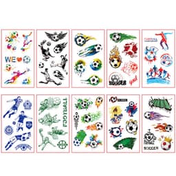 A collection of colourful temporary soccer-themed tattoo stickers for kids, featuring various designs and illustrations.