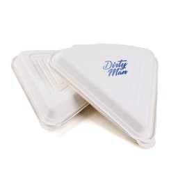 Two white biodegradable pizza boxes in a triangular shape, featuring a logo on the surface.