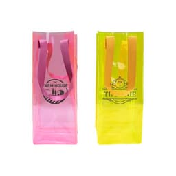 A clear jelly wine ice bag in pink and yellow, featuring handles and logos on each side.