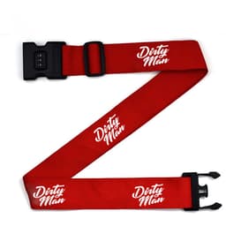 A red luggage strap with a password lock and a logo. The strap features a secure buckle for fastening.