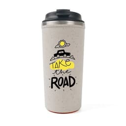 A reusable grey coffee cup with a black lid and a graphic design featuring a car and sun.